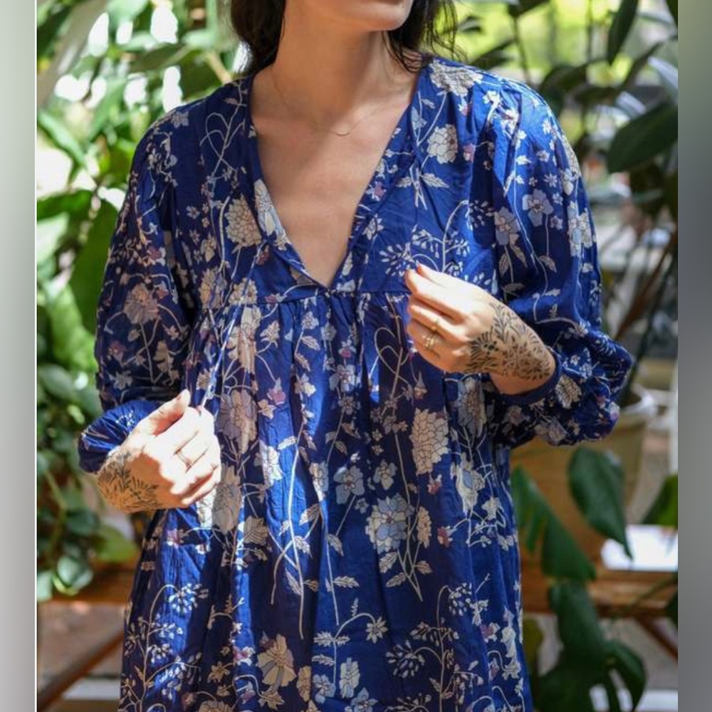 ▪️Matta NY Cotton GARDEN Top Blue Floral Boho Peasant Long Sleeve Tiered Blouse